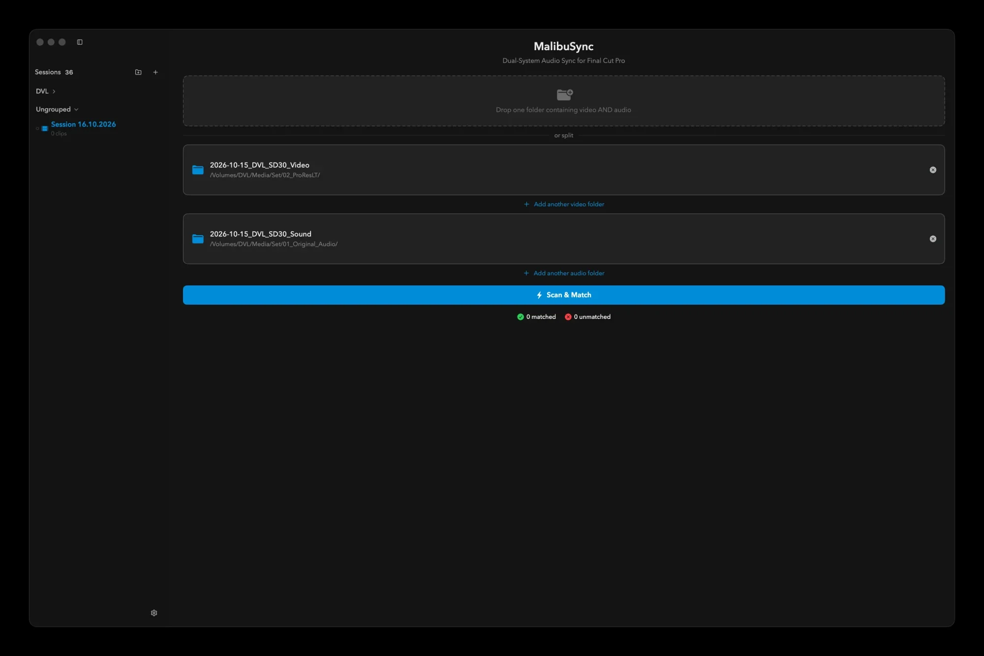 MalibuSync start screen with a video folder and a sound folder added and the Scan and Match button