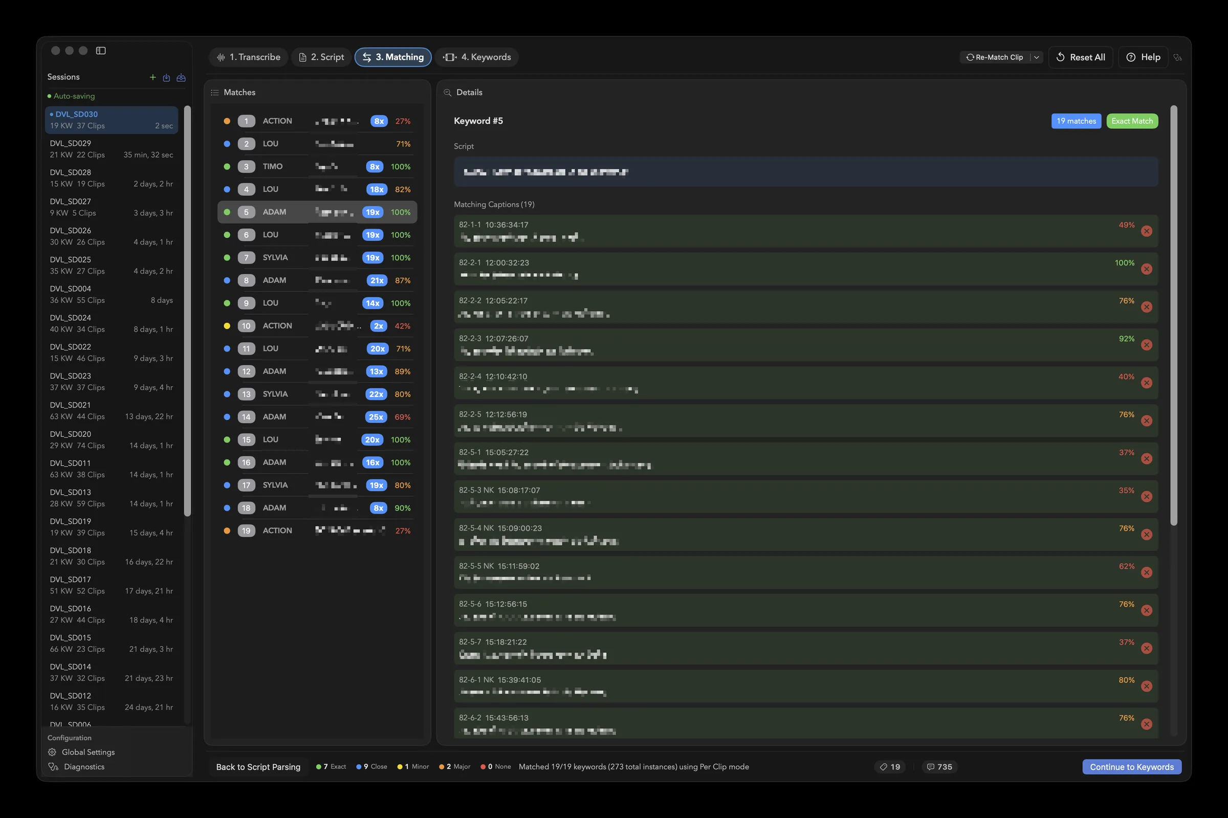 Page 3 Matching listing each script line with its matching captions and match quality