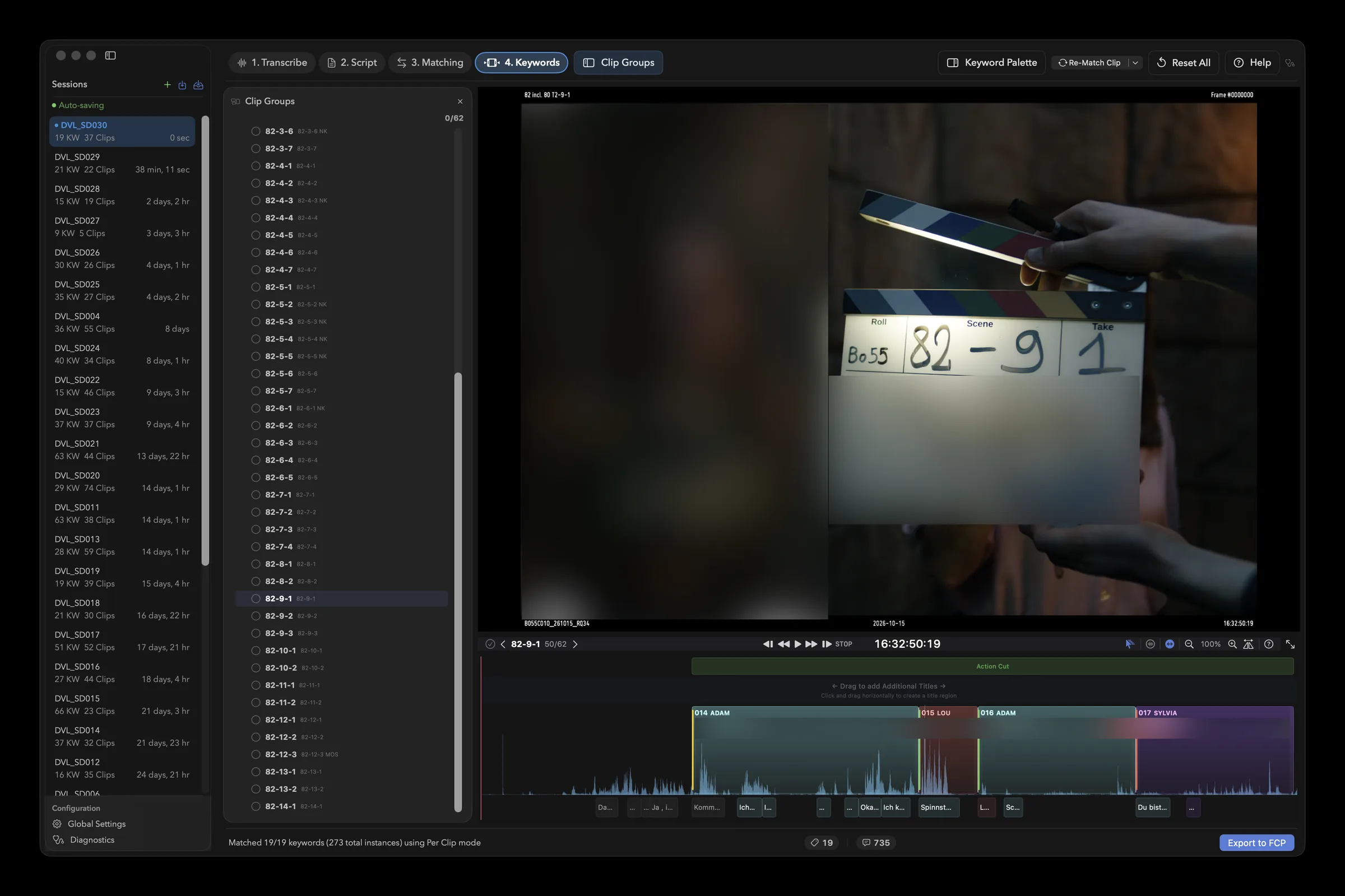 Page 4 Keywords with clip groups, video preview and keyword timeline
