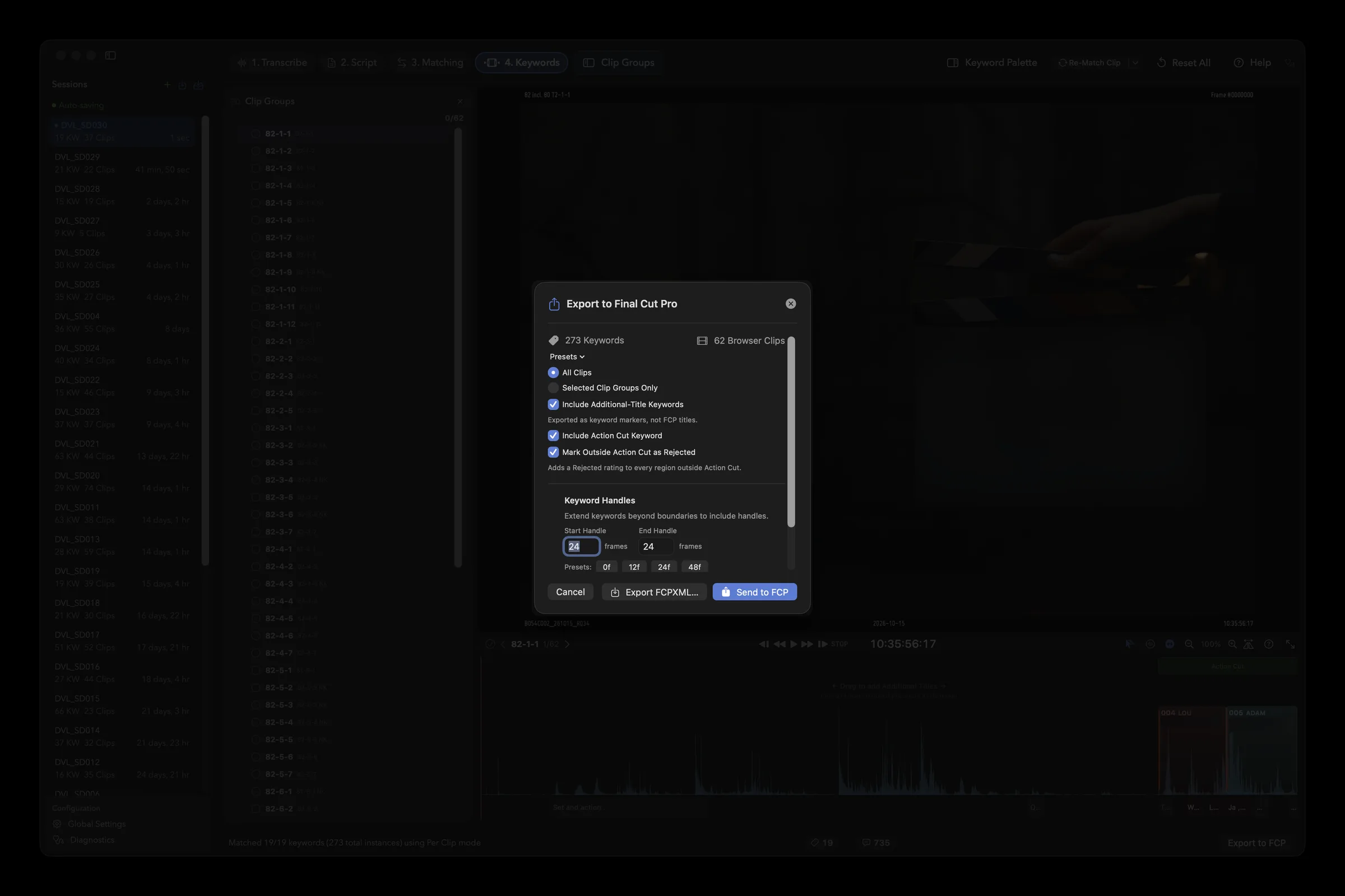 Export to Final Cut Pro dialog with keyword handles